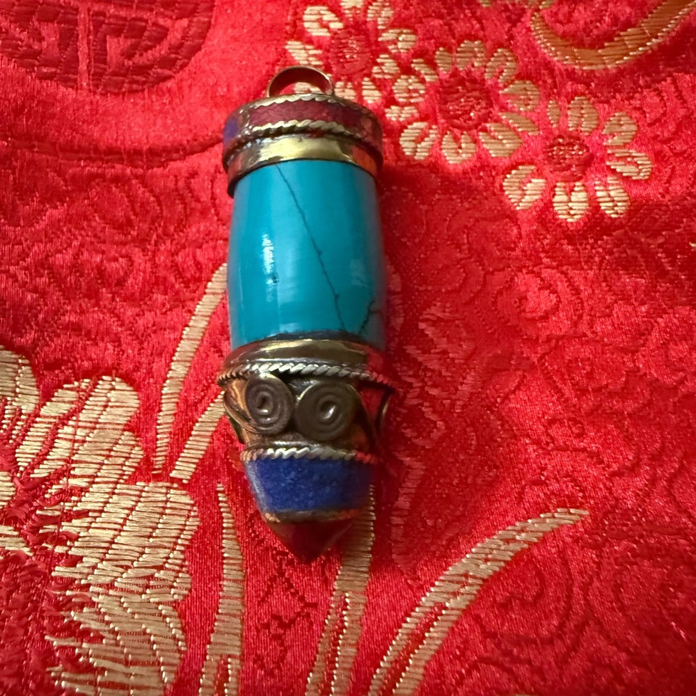 Turquoise, Lapis, Coral Tibetan Prayer Pendant